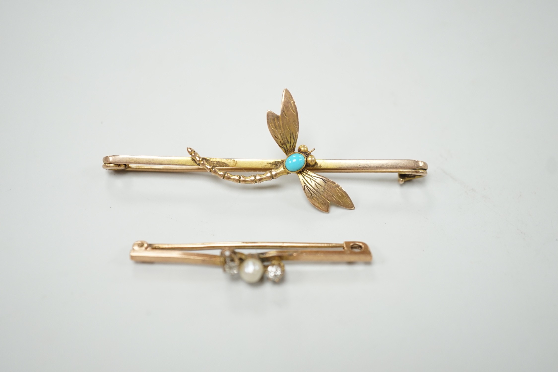 Two early 20th century yellow metal and gem set bar brooches, including turquoise set dragonfly, 64mm